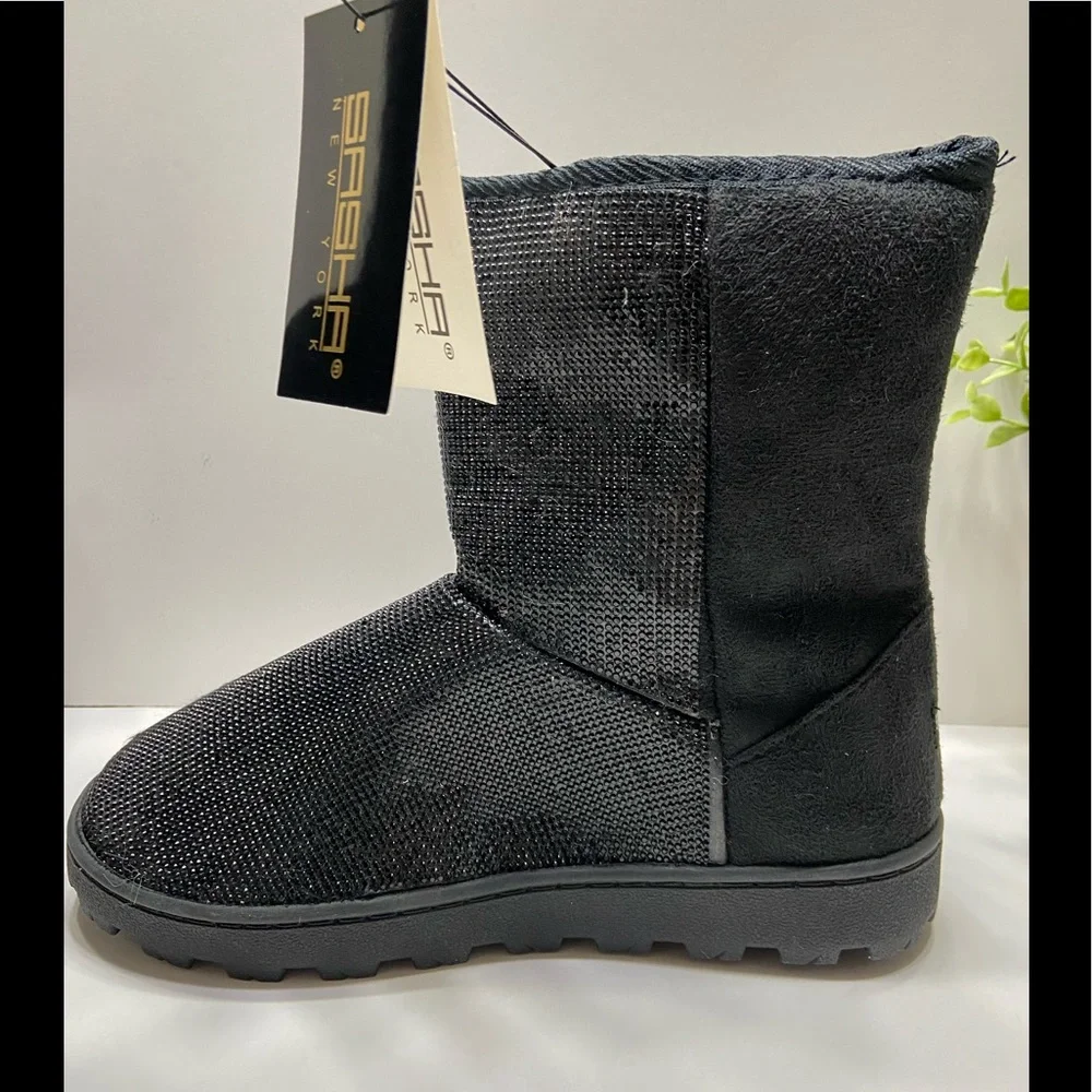 NEW Sasha Taylor Women’s Slip On Rhinestone Faux Fur Boots Black 7, 8 - Picture 6 of 9